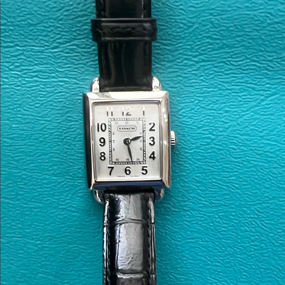 Coach New Stainless Steel Black Leather Watch. Easy to read numbers.